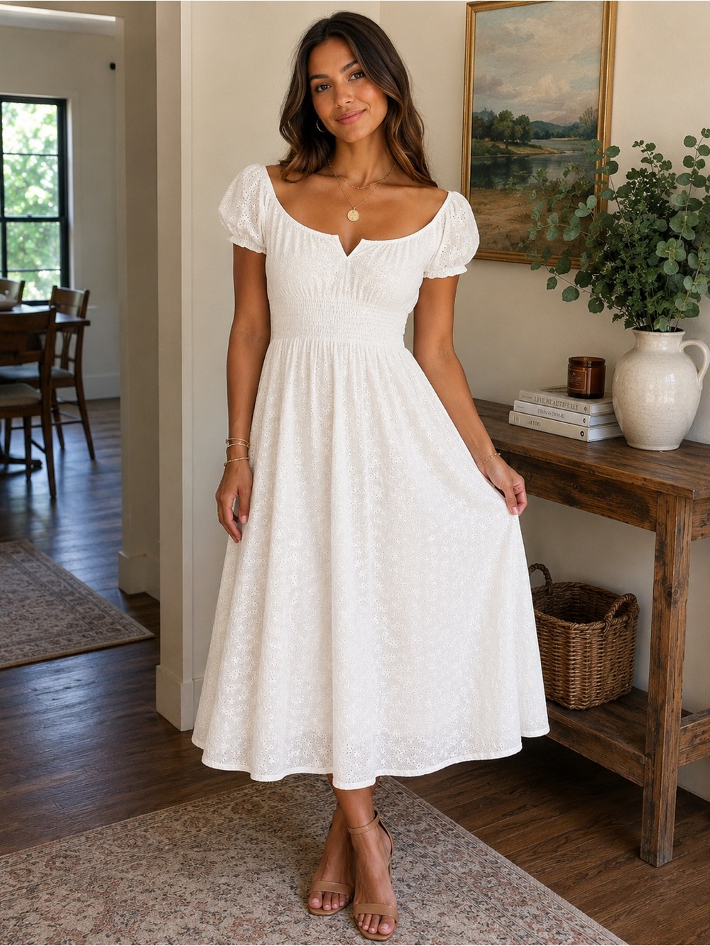 Smocked Puff Sleeve Midi Dress in White